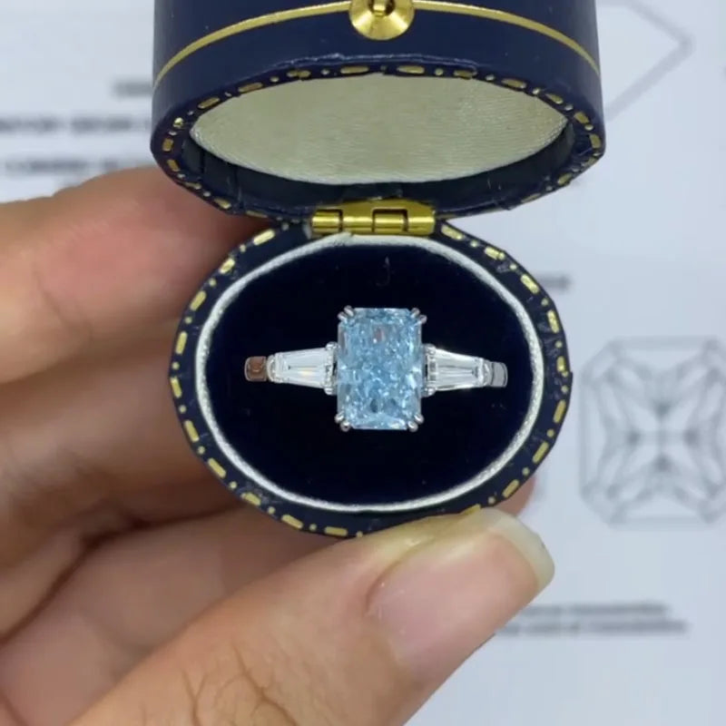 Blue radiant-cut lab-grown diamond engagement ring