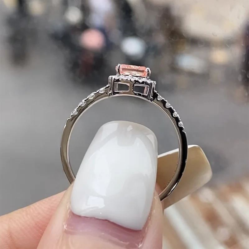 Pink lab-grown diamond cushion halo engagement ring