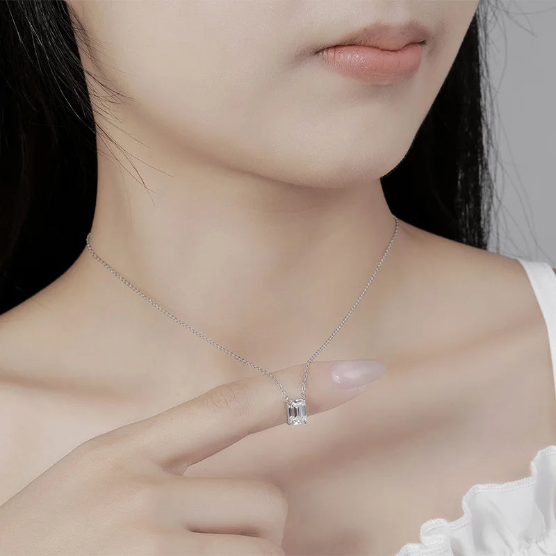 Sterling silver emerald-cut diamond pendant necklace