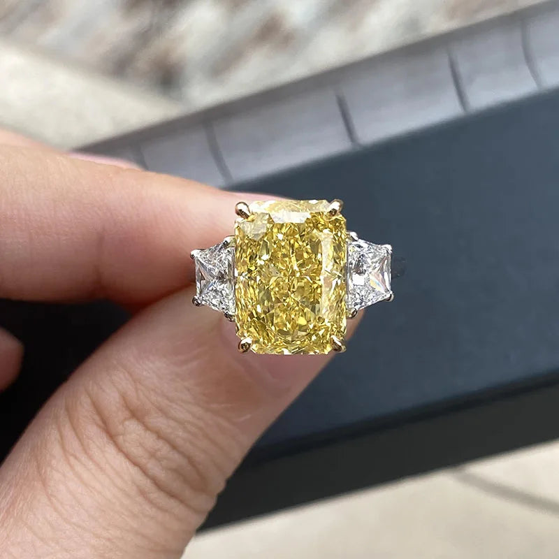Yellow radiant-cut lab-grown diamond three-stone ring in two-tone gold