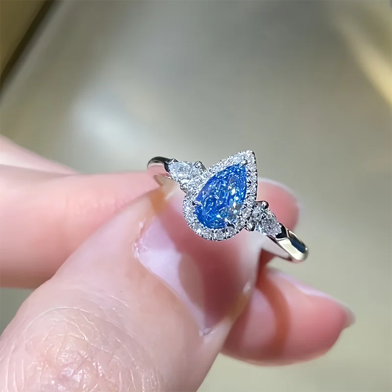 Blue pear lab-grown diamond three-stone ring