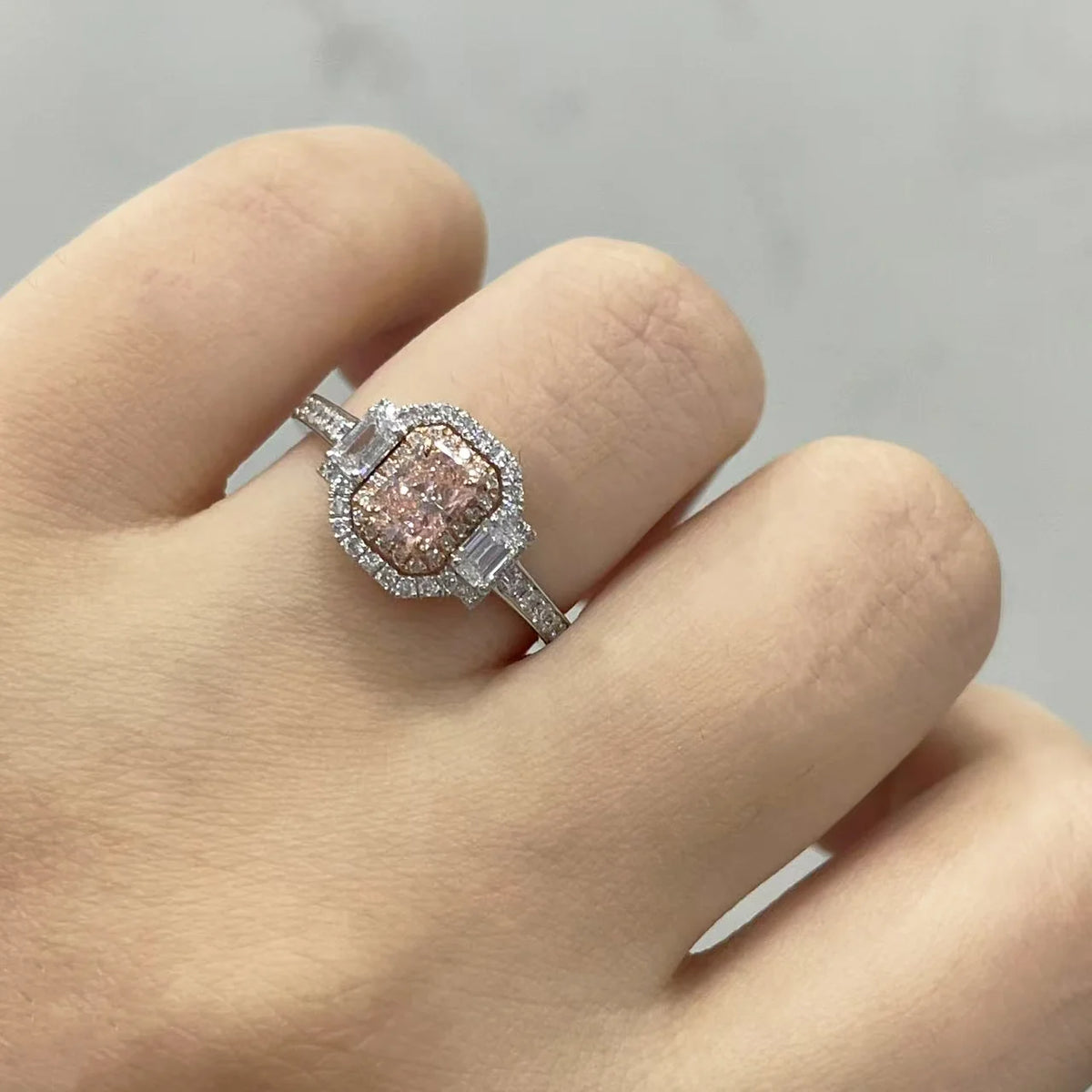 Pink radiant lab-grown diamond ring with mixed-cut accents