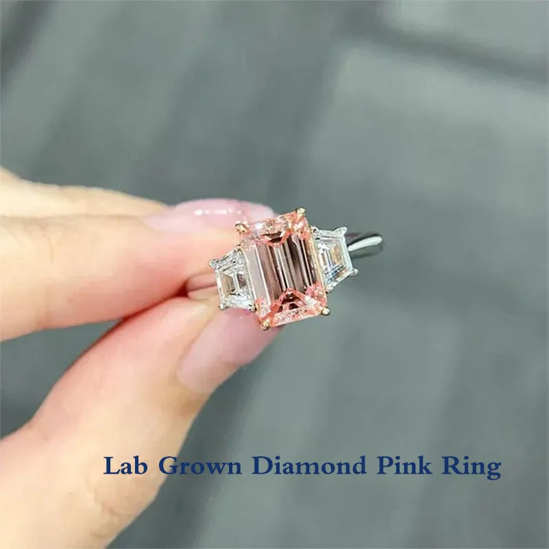 Pink emerald-cut lab-grown diamond three-stone ring