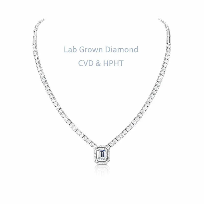 Emerald and round lab-grown diamond necklace