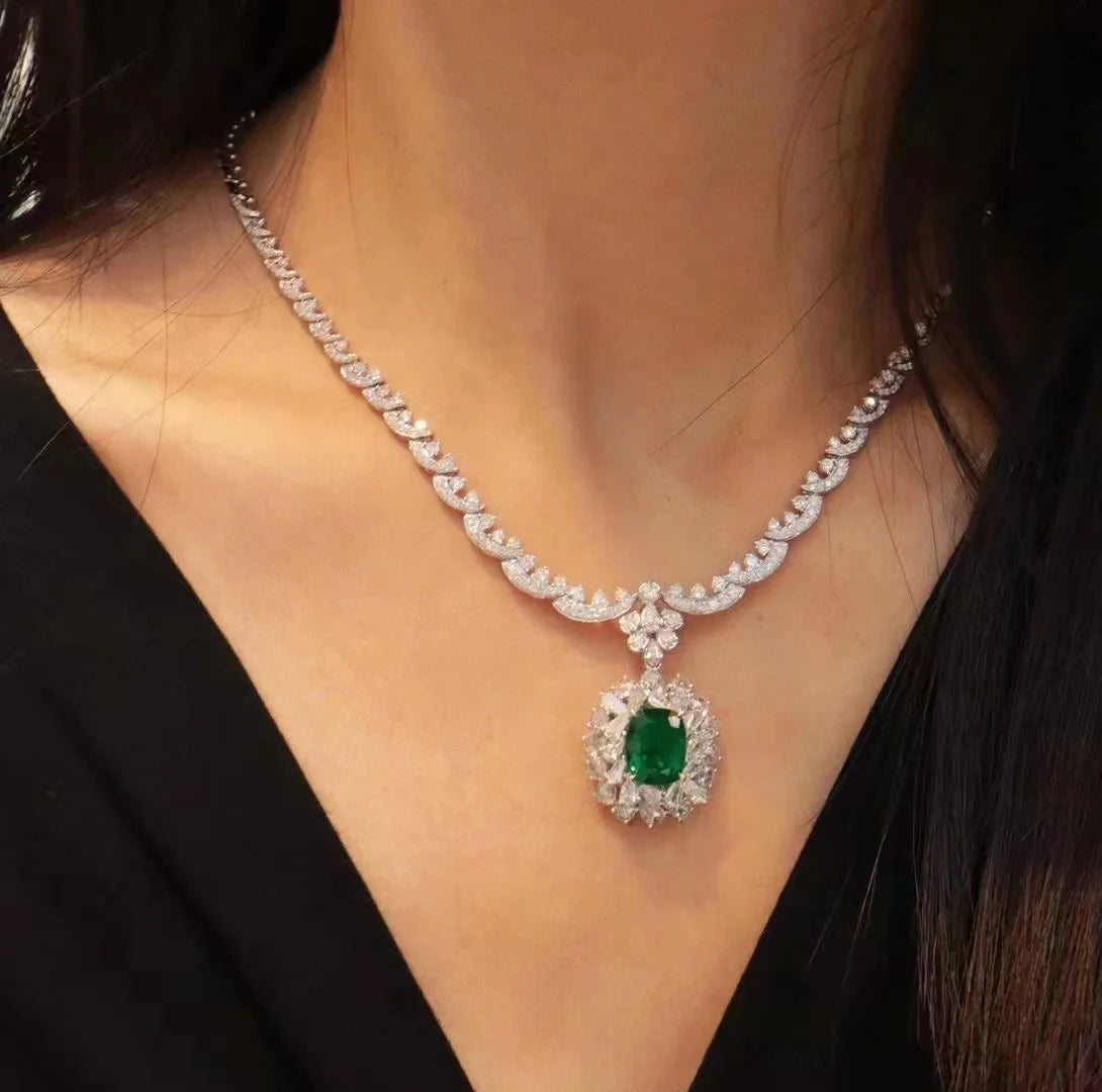 Lab-created emerald and lab-grown diamond necklace