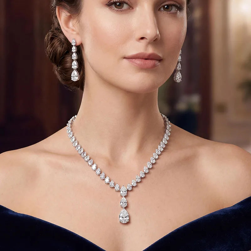 Pear-cut lab-grown diamond necklace and earrings