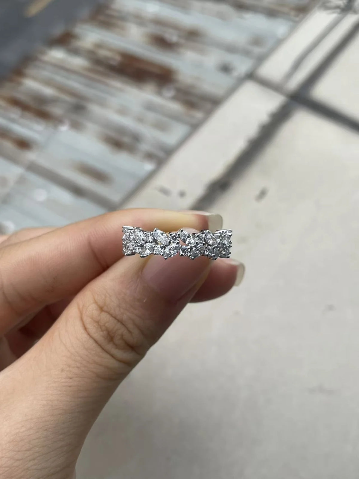 Half-eternity ring with marquise and round lab diamonds