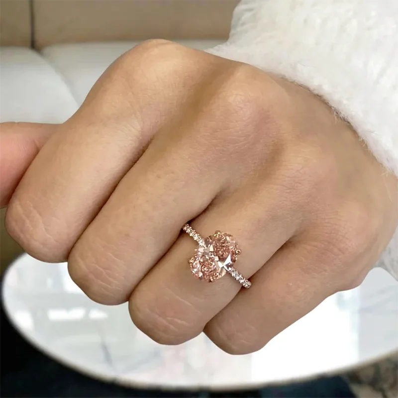 Fancy pink oval lab-grown diamond engagement ring