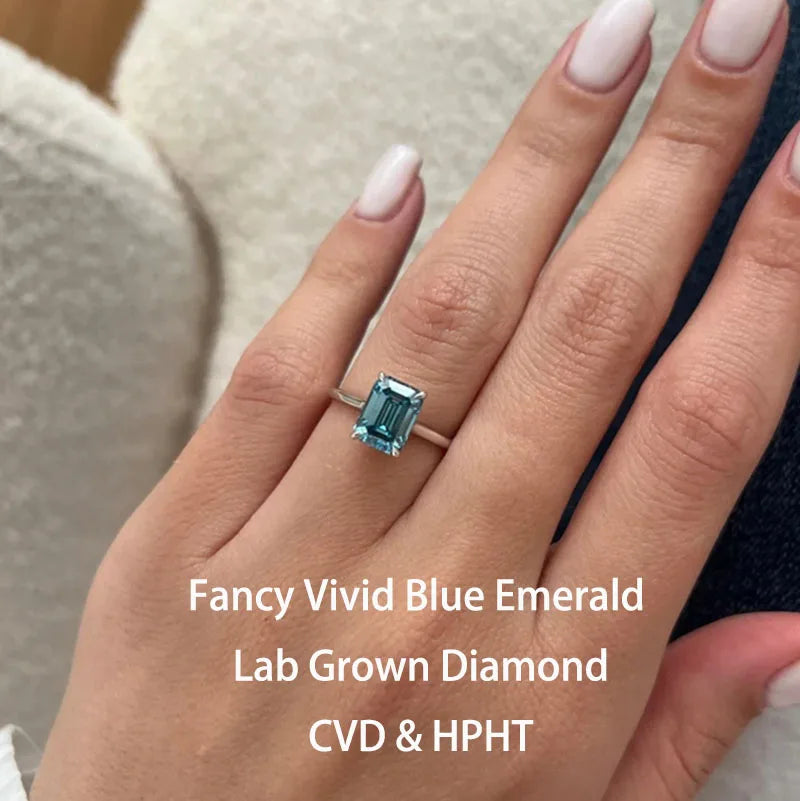 Blue emerald-cut lab-grown diamond engagement ring