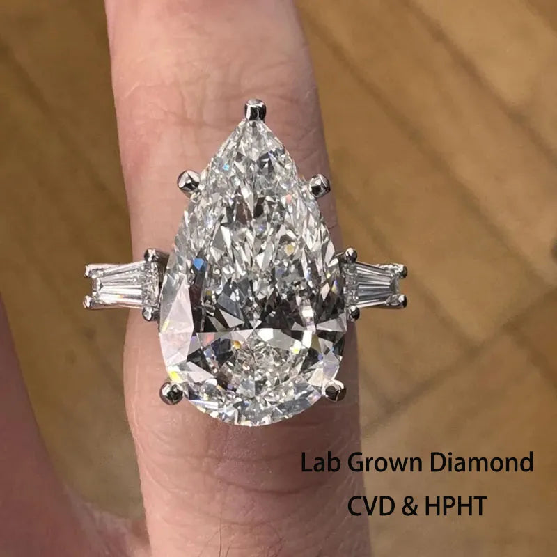 Ten carat pear lab-grown diamond three-stone ring