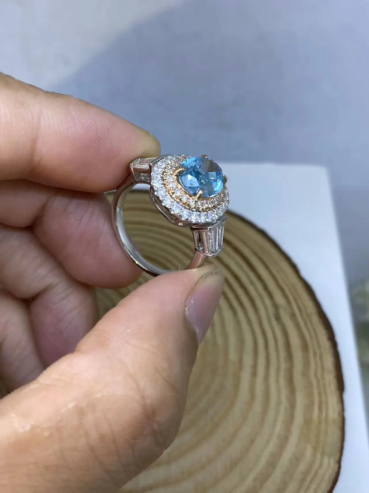 Greenish-blue lab-grown diamond engagement ring