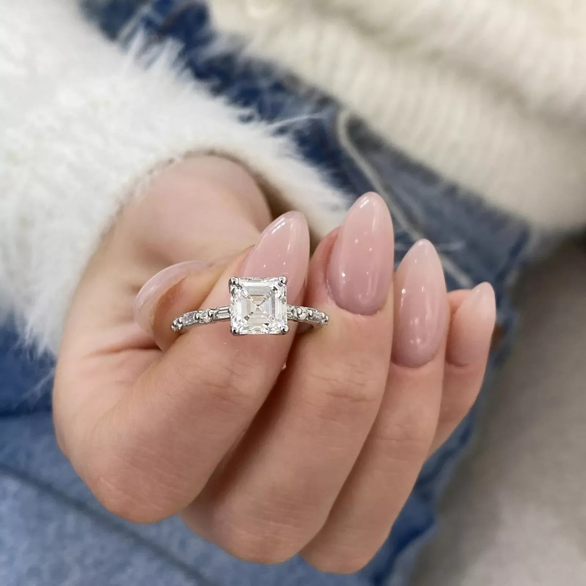 Asscher-cut lab-grown diamond ring with accent stones