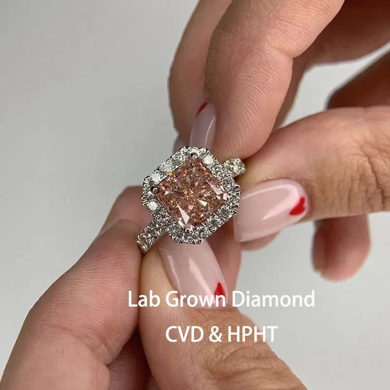 Pink elongated cushion lab-grown diamond halo ring
