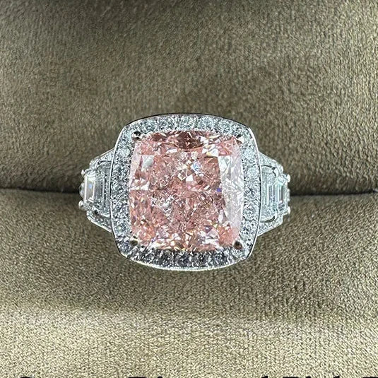 Three carat pink cushion-cut lab-grown diamond ring