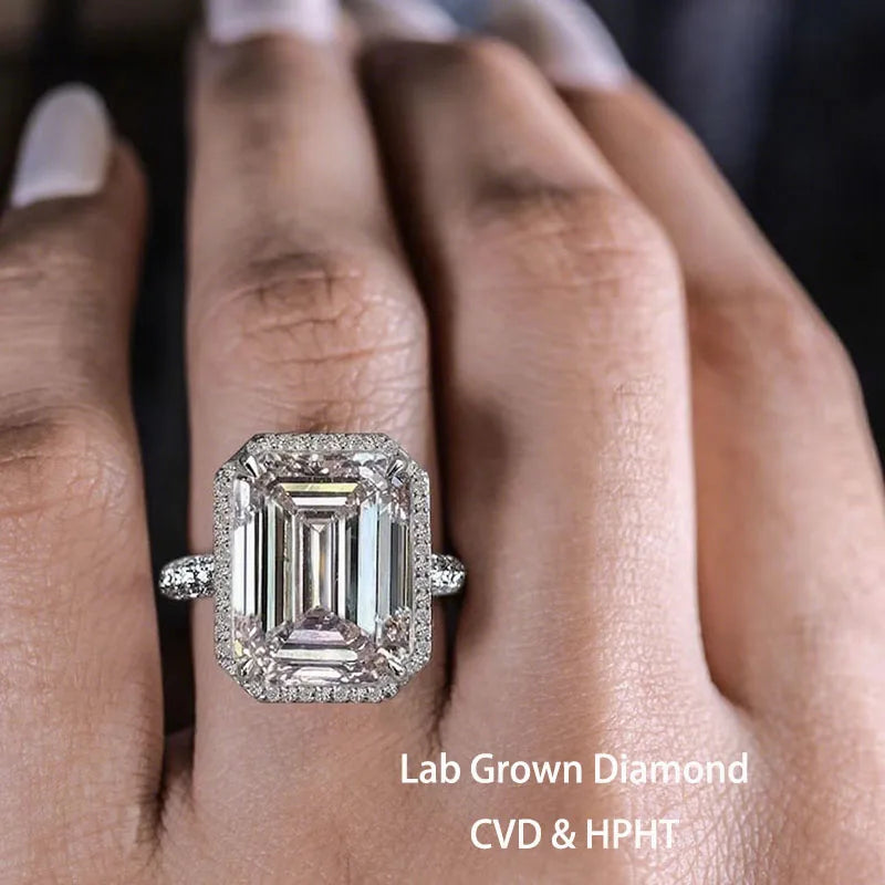Fifteen carat emerald-cut lab-grown diamond halo ring