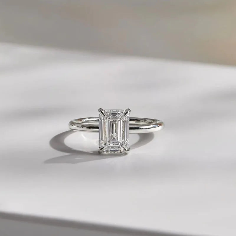 Emerald-shaped lab-grown diamond prong-set ring