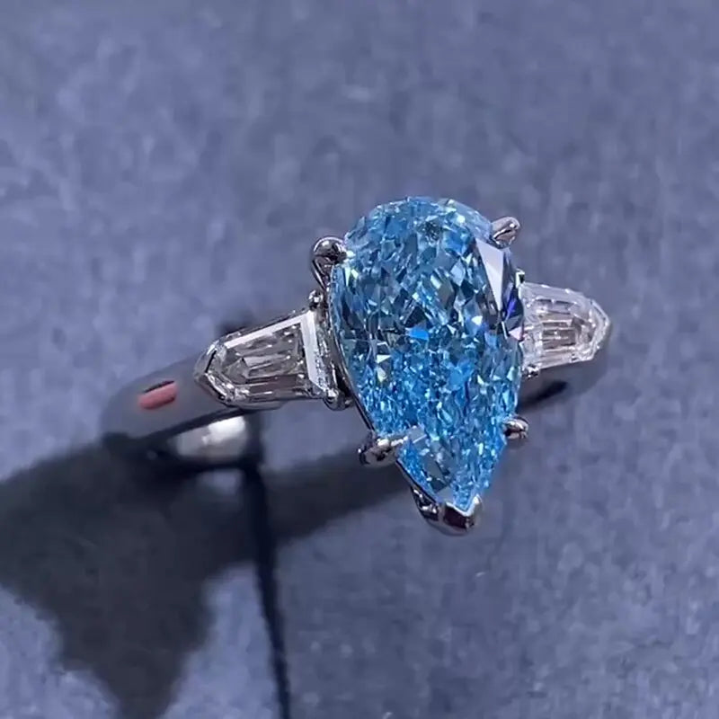 Blue lab-grown diamond pear-cut ring