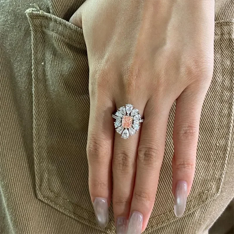 Pink radiant lab-grown diamond ring with accents