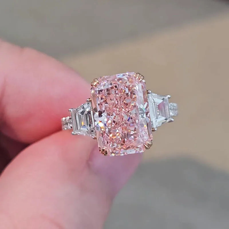 Pink radiant lab-grown diamond three-stone ring