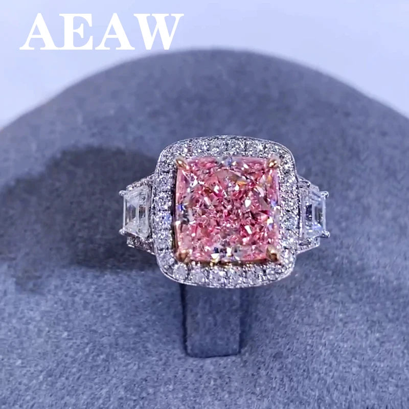Five carat pink cushion-cut lab-grown diamond ring
