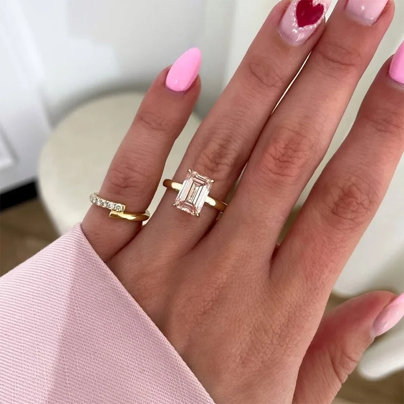 Prong-set pink emerald-cut lab-grown diamond