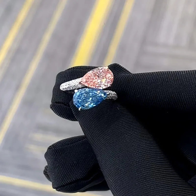 Two-stone pink and blue lab-grown diamond gold ring