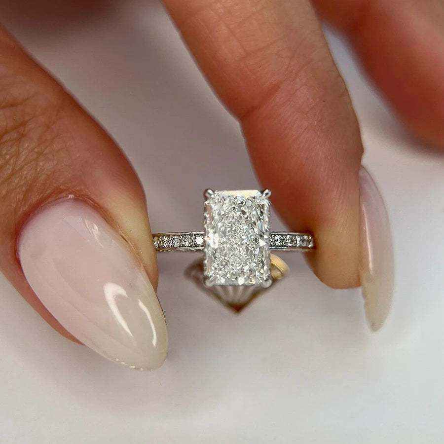 Lab-grown radiant diamond engagement ring with pavé setting