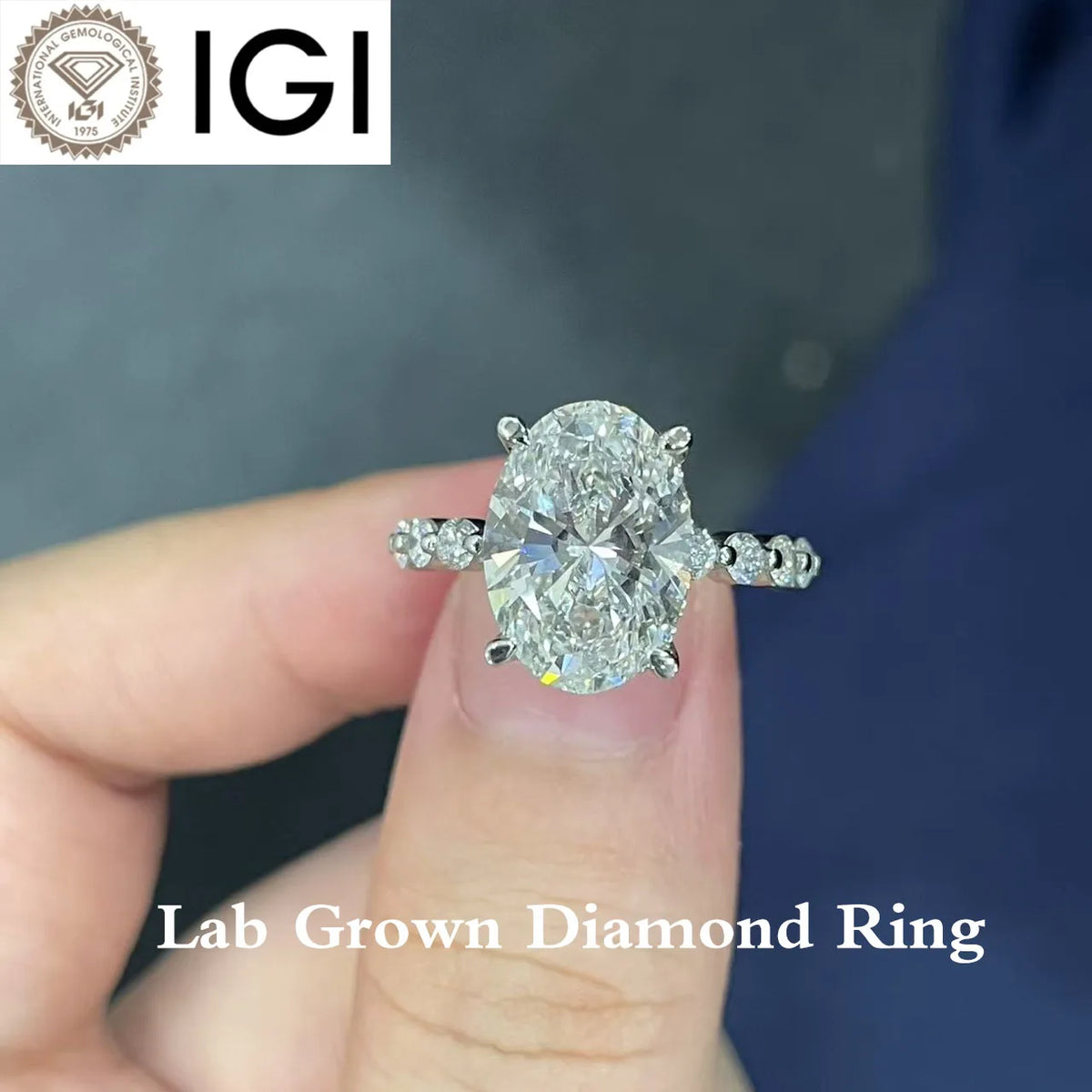 Oval lab-grown diamond ring with round diamond accents