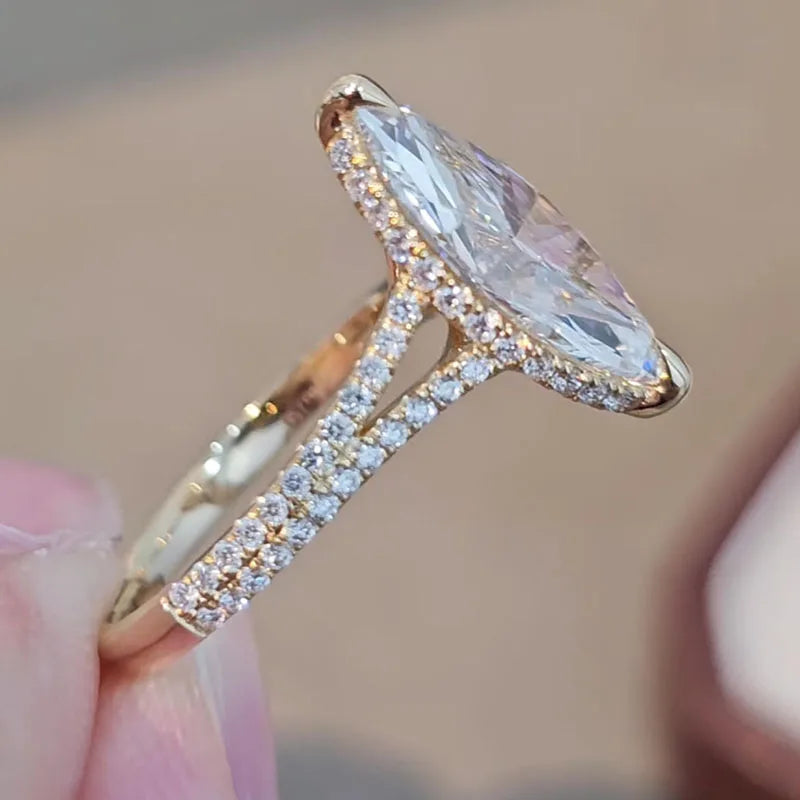 Gold ring with marquise-shaped lab-grown diamond