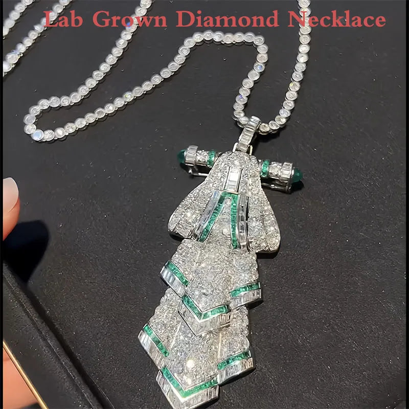 Emerald and lab-grown diamond brooch necklace