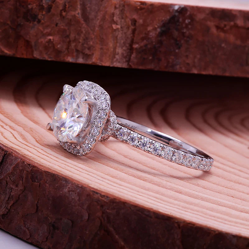 Round-cut lab-grown diamond halo engagement ring