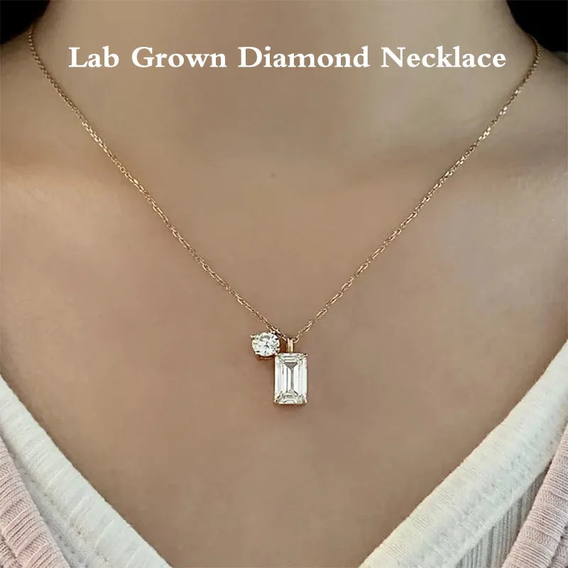 Emerald and round lab-grown diamond pendant necklace