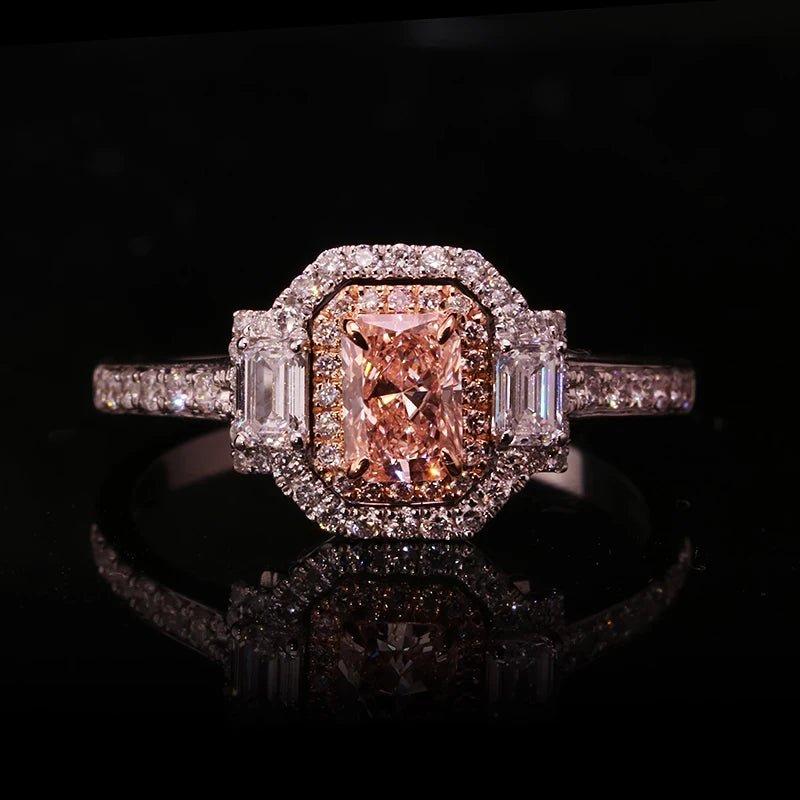 Pink radiant diamond ring with diamond accents