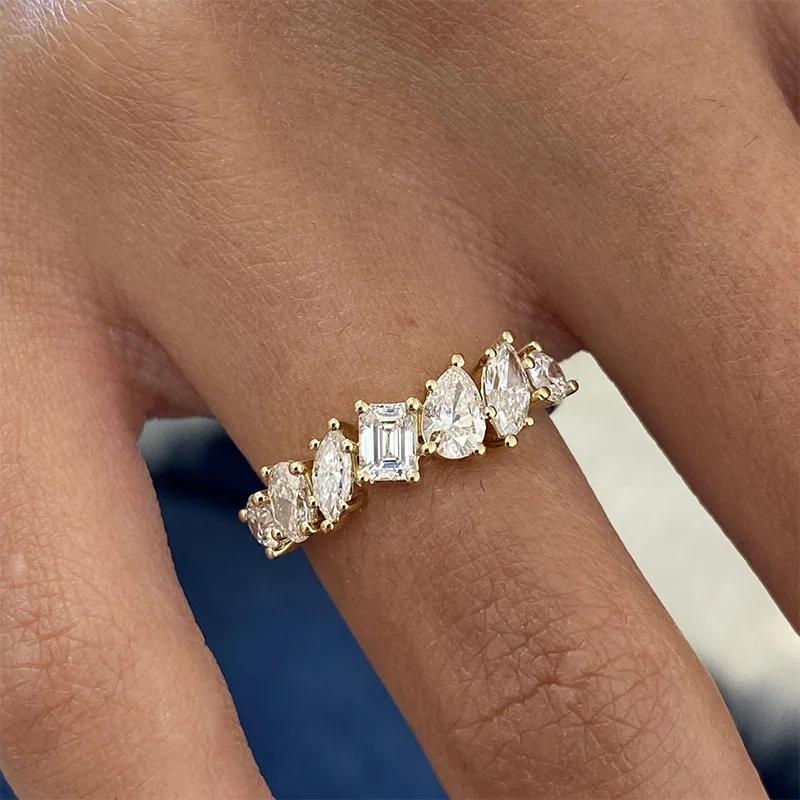 Gold ring with seven mixed-shape lab-grown diamonds
