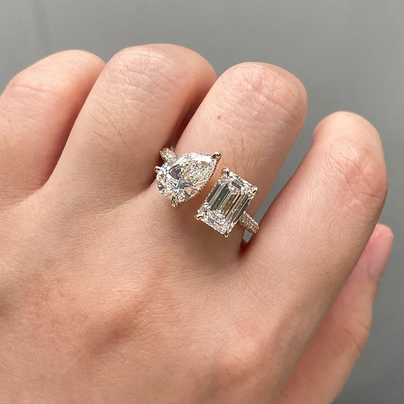 Emerald and pear lab-grown diamond two-stone ring