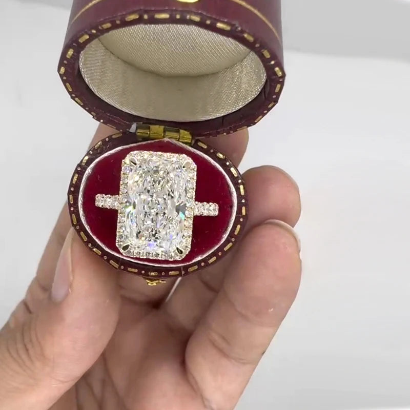 Gold radiant lab-grown diamond ring with halo and pavé accents