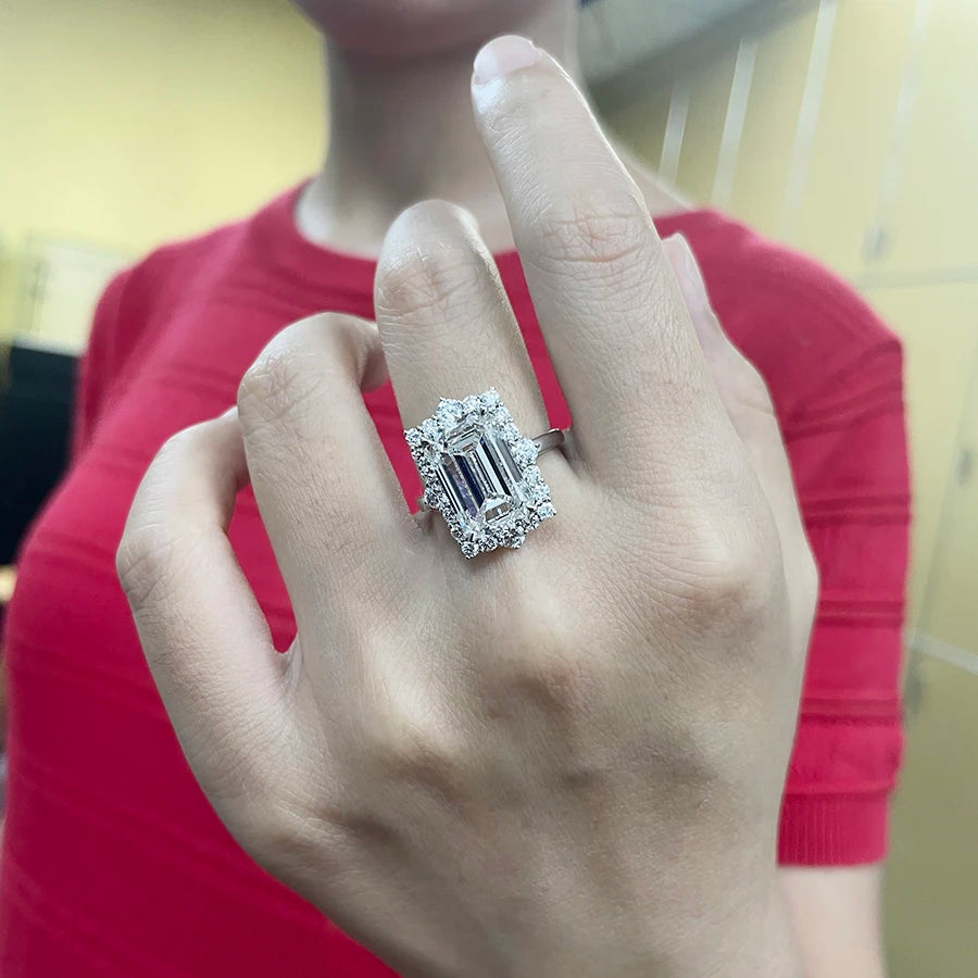 Emerald-shaped lab-grown diamond pavé engagement ring