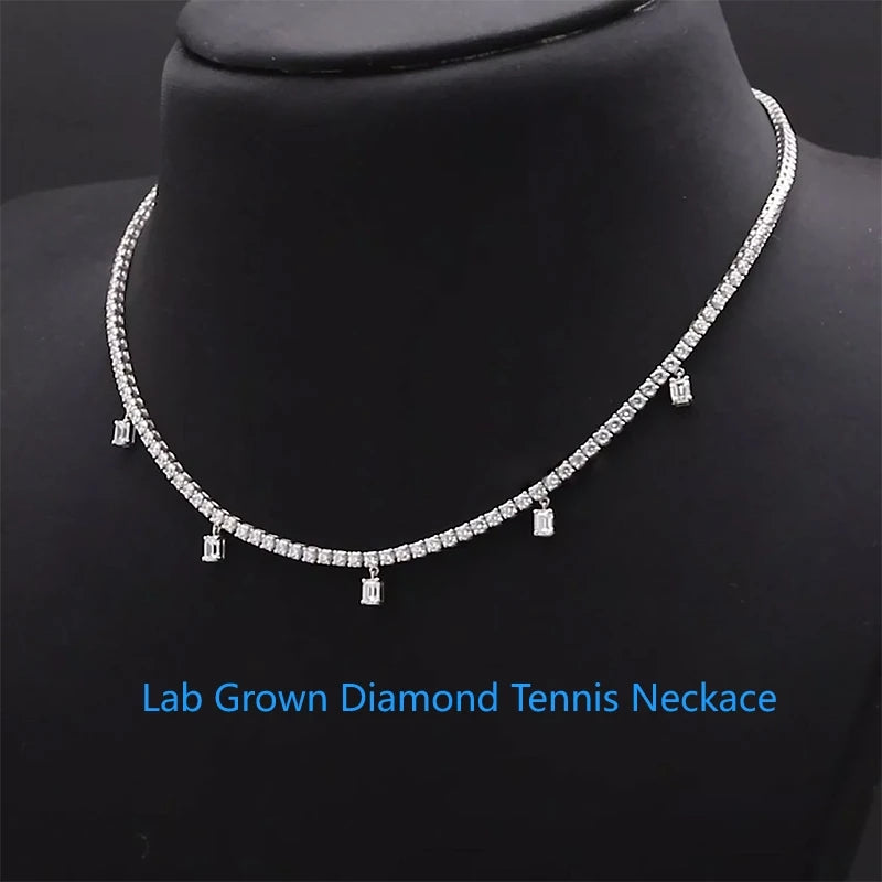 Emerald and round lab-grown diamond tennis necklace