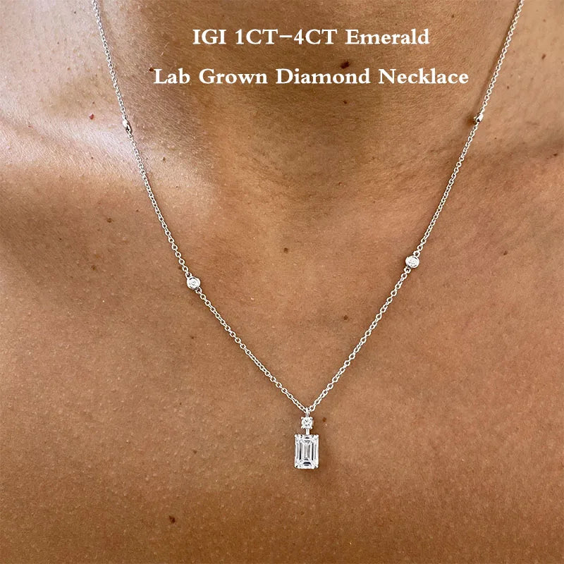 Emerald and round lab-grown diamond pendant necklace