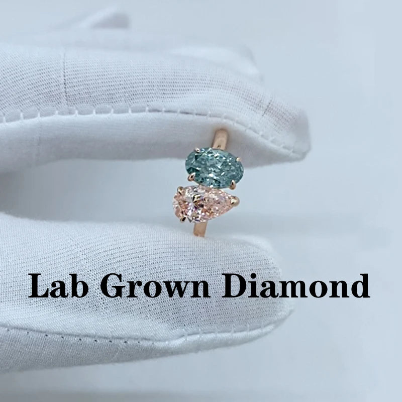 Pink pear and green oval lab-grown diamond ring