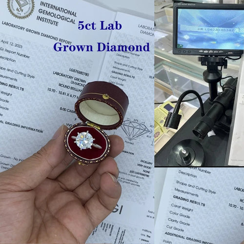Five carat round lab-grown diamond six-prong ring