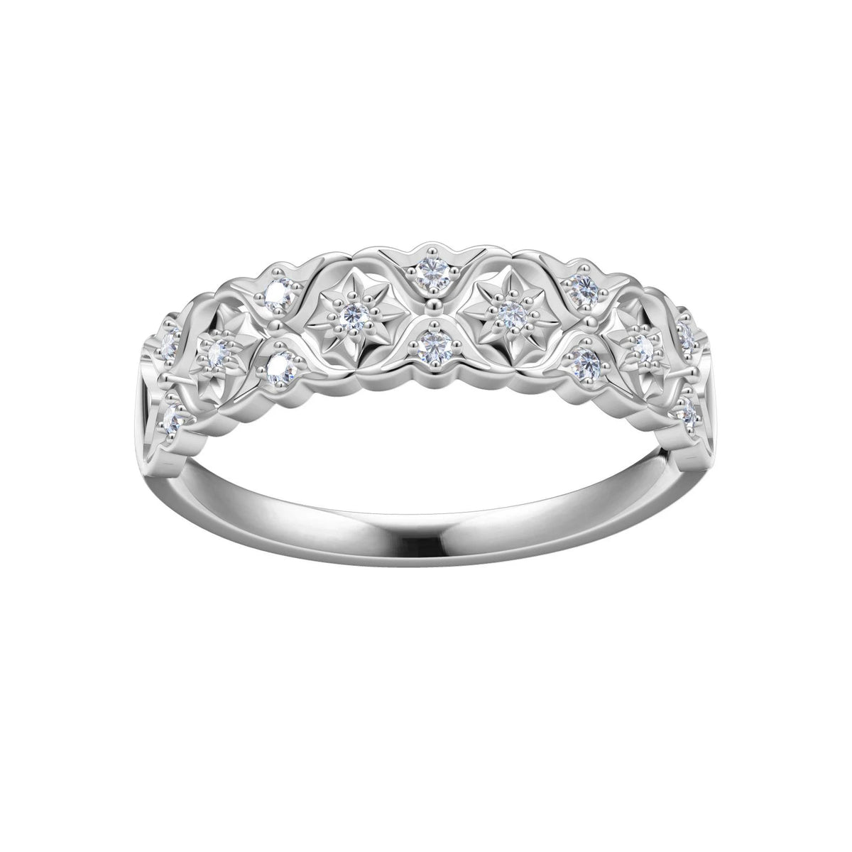 10K white gold band set with small lab-grown diamonds