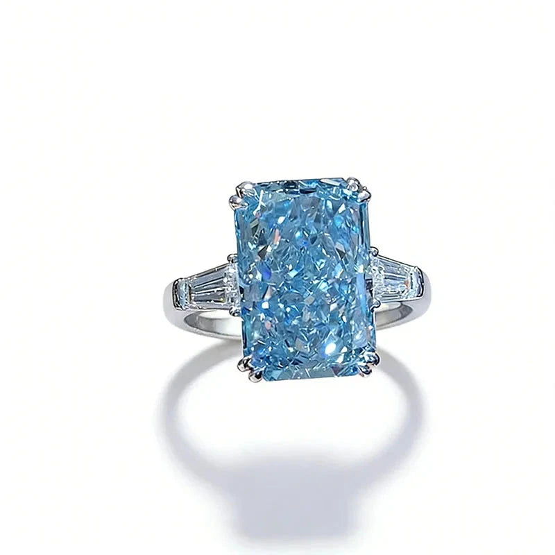 Blue radiant-cut lab-grown diamond engagement ring