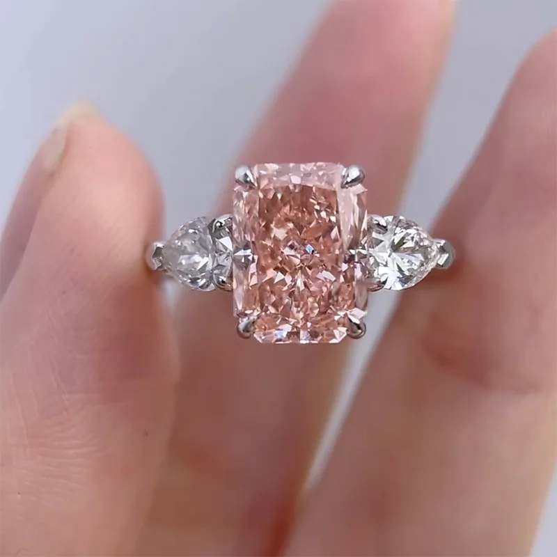 Pink radiant lab-grown diamond three-stone ring