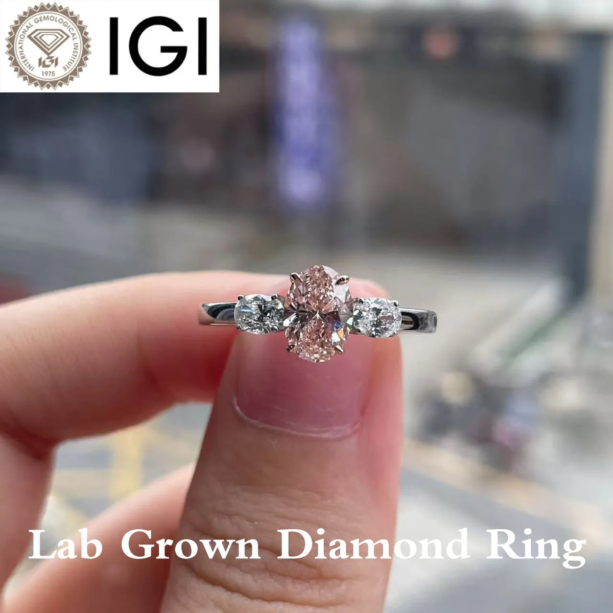 Pink oval lab-grown diamond ring with diamond accents