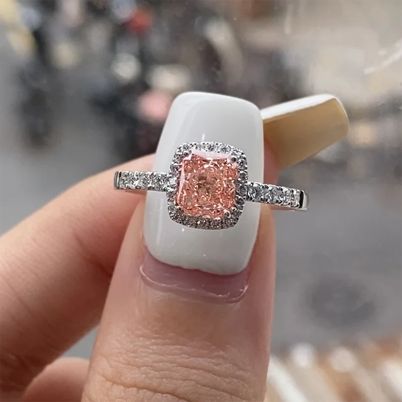 Fancy pink cushion lab-grown diamond halo ring