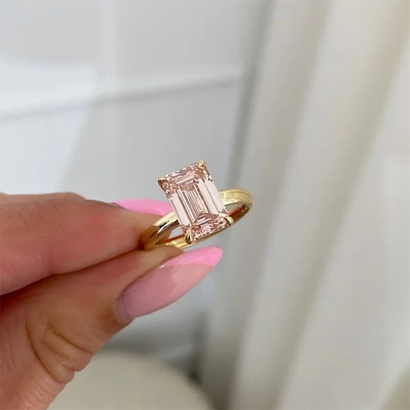 Pink emerald-cut lab-grown diamond engagement ring