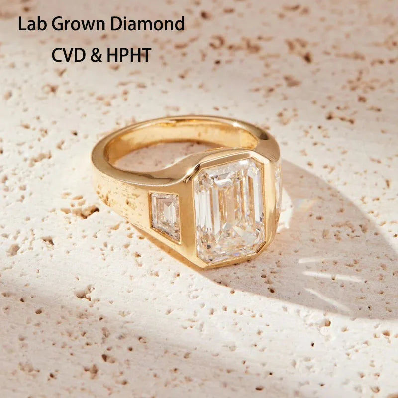 Emerald-cut lab-grown diamond ring with trapezoid side stones